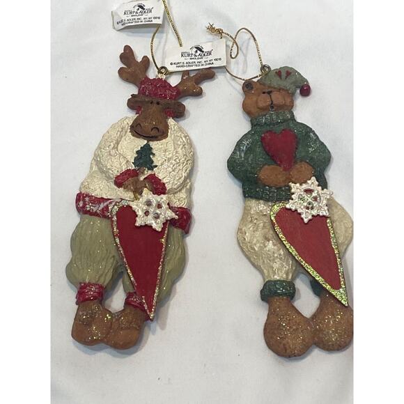 2 Kurt Adler Ornament Resin Christmas Glitter Folk Art Moose and Bear Hearts - Picture 1 of 8